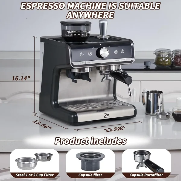 Espresso Machine with Grinder, Professional Espresso Maker with Milk Frother Steam Wand, 20 Bar Barista Cappuccino Machine,1450W - Image 3