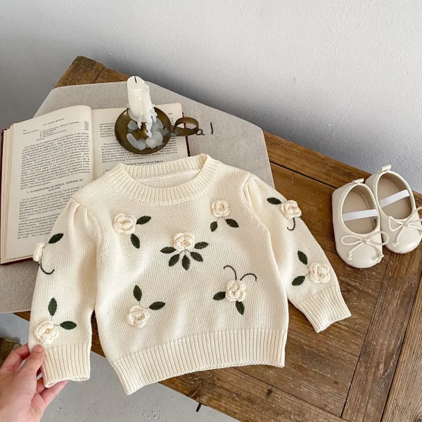 Ins 2025 Autumn Baby Girls Sweater Cotton Knitted Handmade Flower Infant Girls Sweater Embroidery Pullover Toddler Girls Tops - Image 3
