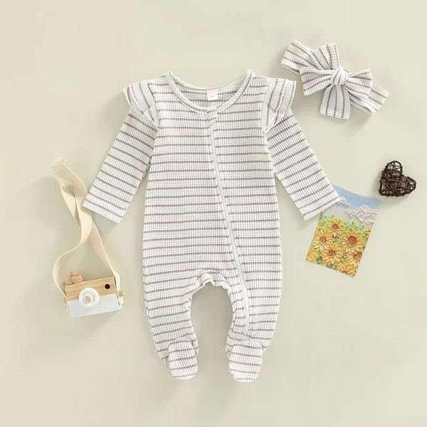 0-9M Newborn Baby Girl Clothes Ruffle Baby Sleeper Zipper Footie Knit Romper Playsuit Jumpsuit with Headband Outfit 2 Piece - Image 6
