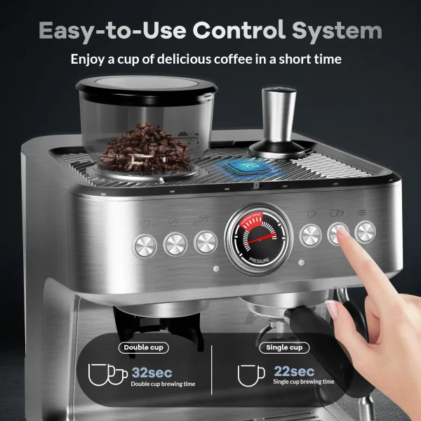 Espresso Coffee Maker With Grinder, 20 Bar Stainless Steel Professional Espresso Coffee Maker With Milk Frother, 2.8L Water Tank - Image 3