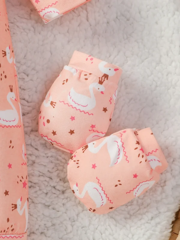 4Pcs 2024 Baby Clothes Cotton Newborn-6M   Jumpsuit Cartoon Swan Print Girls Outfit  Rompers Clothing+Hat+Bib+Gloves - Image 5