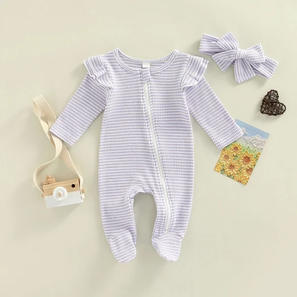 0-9M Newborn Baby Girl Clothes Ruffle Baby Sleeper Zipper Footie Knit Romper Playsuit Jumpsuit with Headband Outfit 2 Piece - Image 5