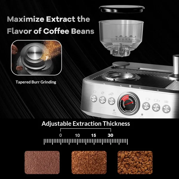 Espresso Coffee Maker With Grinder, 20 Bar Stainless Steel Professional Espresso Coffee Maker With Milk Frother, 2.8L Water Tank - Image 2