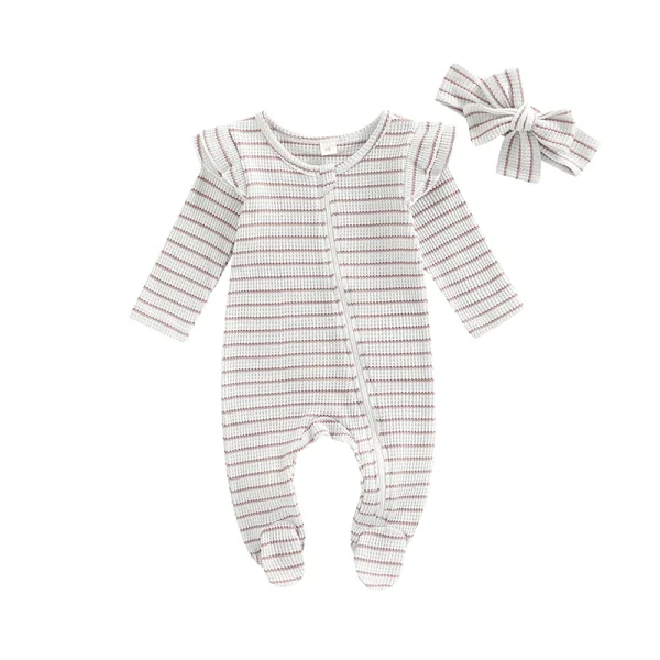 0-9M Newborn Baby Girl Clothes Ruffle Baby Sleeper Zipper Footie Knit Romper Playsuit Jumpsuit with Headband Outfit 2 Piece - Image 9