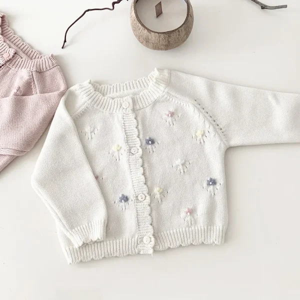 Toddler Girl 0-4Y Baby Tops Cotton Knit Cardigan Handmade Floral Embroidery Soft Skin Friendly Yarn Drop Shoulder Short Sweater - Image 7