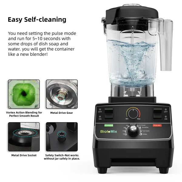 BioloMix 2200W Professional Smart Timer Pre-programed Blender, 2L round jar, Mixer Juicer Food Processor Ice Smoothies Crusher - Image 5