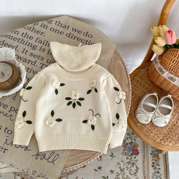 Ins 2025 Autumn Baby Girls Sweater Cotton Knitted Handmade Flower Infant Girls Sweater Embroidery Pullover Toddler Girls Tops - Image 2