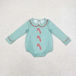 RTS Infant Boutique Wholesale Clothing Baby Boys Christmas Candy Cane Green Print Color Rompers Holiday Winter Sleepers