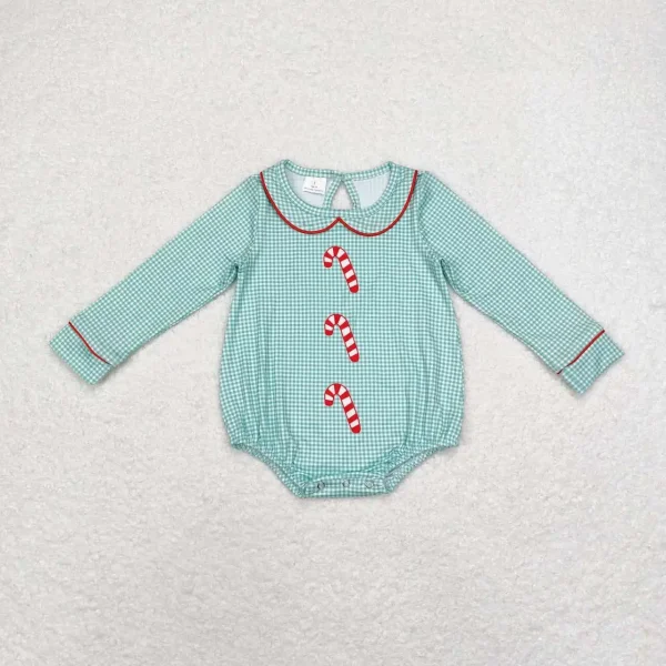RTS Infant Boutique Wholesale Clothing Baby Boys Christmas Candy Cane Green Print Color Rompers Holiday Winter Sleepers
