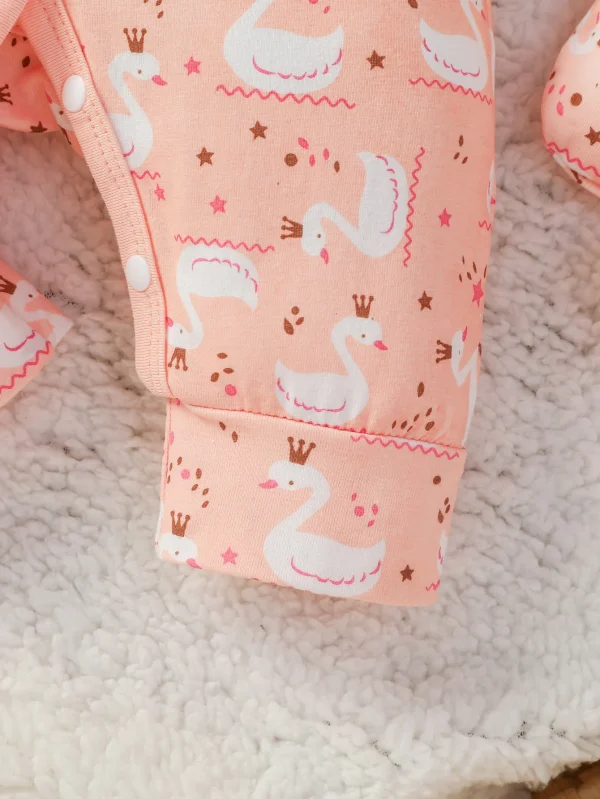 4Pcs 2024 Baby Clothes Cotton Newborn-6M   Jumpsuit Cartoon Swan Print Girls Outfit  Rompers Clothing+Hat+Bib+Gloves - Image 4