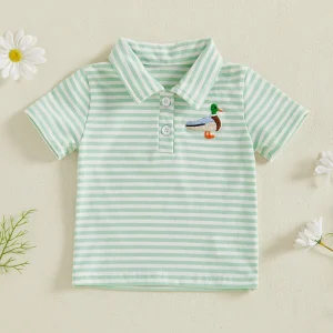 Infant Summer Tee Shirt with Cute Animal Embroidery and Stylish Striped Print Short Sleeve Casual Top for Toddler