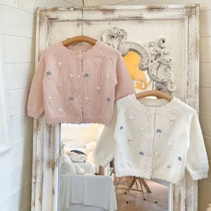 Toddler Girl 0-4Y Baby Tops Cotton Knit Cardigan Handmade Floral Embroidery Soft Skin Friendly Yarn Drop Shoulder Short Sweater