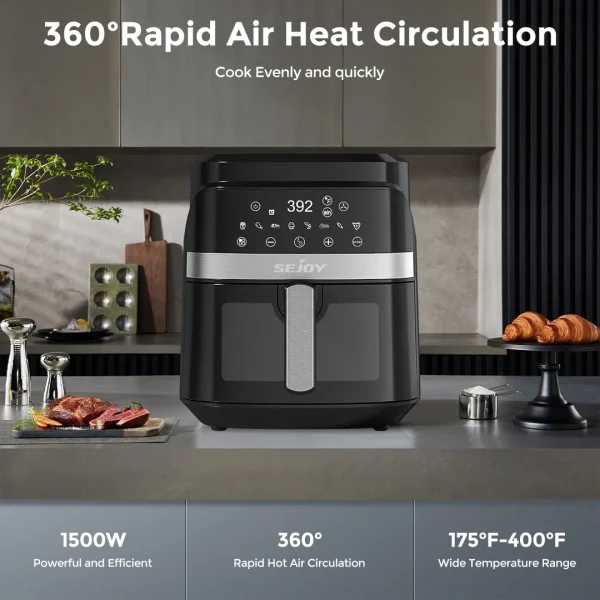 SEJOY 6 Quarts Large Capacity Electric Air Fryers Oil-free Automatic Household Kitchen 360°Baking Oven Deep Fryer without Oil - Image 5