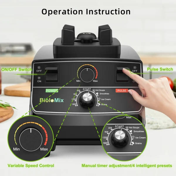 BioloMix 2200W Professional Smart Timer Pre-programed Blender, 2L round jar, Mixer Juicer Food Processor Ice Smoothies Crusher - Image 2