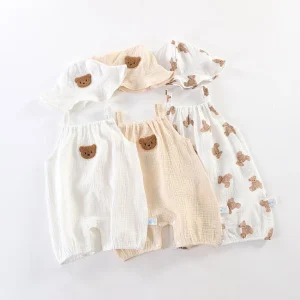 Toddler Romper with Hat Baby Kids Bear Onesie Newborn Muslin Pajamas Boy Girl White Beige Sleeper Birthday Casual Jumpsuit 3-24M