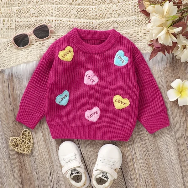Valentine s Day Toddler Sweaters Heart Patterned Long Sleeve Round Neck Ribbed Knit Pullover Tops with Embroidered Letters - Image 4
