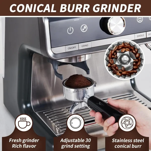 Espresso Machine with Grinder, Professional Espresso Maker with Milk Frother Steam Wand, 20 Bar Barista Cappuccino Machine,1450W - Image 6
