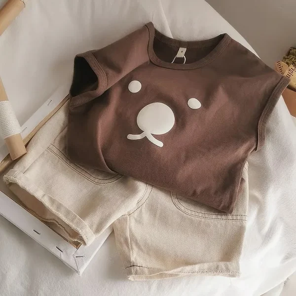 Organic Cotton Cartoon Bear Sleeveless T-Shirt Summer Shirt Tops for Infant Baby and Toddler Boys, Girls, Unisex - Image 2