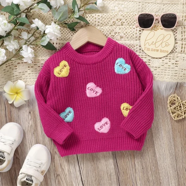 Valentine s Day Toddler Sweaters Heart Patterned Long Sleeve Round Neck Ribbed Knit Pullover Tops with Embroidered Letters - Image 5