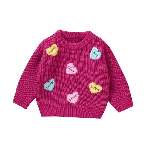 Valentine s Day Toddler Sweaters Heart Patterned Long Sleeve Round Neck Ribbed Knit Pullover Tops with Embroidered Letters - Image 6
