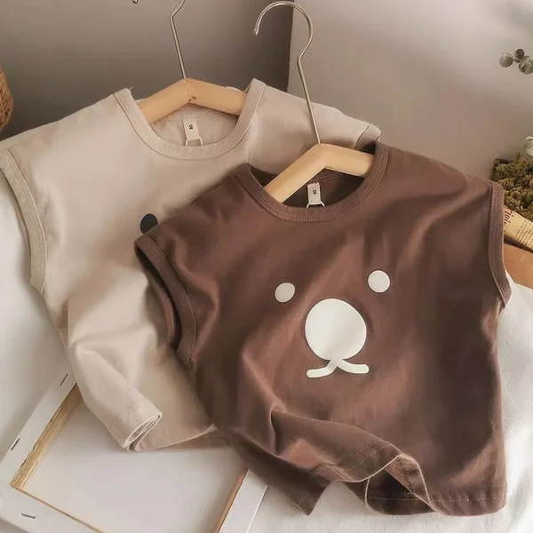 Organic Cotton Cartoon Bear Sleeveless T-Shirt Summer Shirt Tops for Infant Baby and Toddler Boys, Girls, Unisex - Image 4