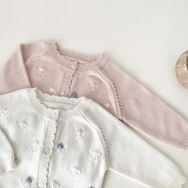 Toddler Girl 0-4Y Baby Tops Cotton Knit Cardigan Handmade Floral Embroidery Soft Skin Friendly Yarn Drop Shoulder Short Sweater - Image 3