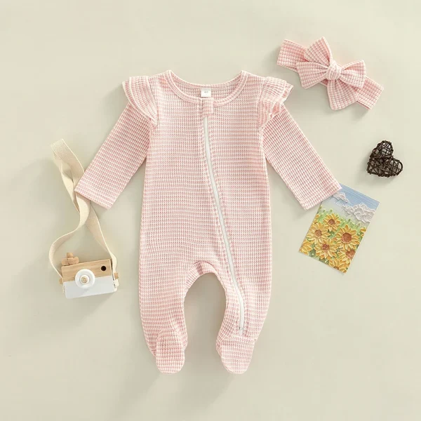 0-9M Newborn Baby Girl Clothes Ruffle Baby Sleeper Zipper Footie Knit Romper Playsuit Jumpsuit with Headband Outfit 2 Piece - Image 3