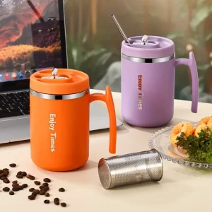 304 Stainless Steel Coffee Mug With Lid Tea Cup Thermal Mug With Tea Strainer And Straw Water Bottle