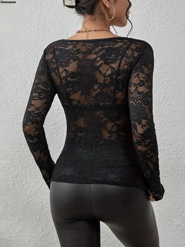 Women Long Sleeve Sheer Mesh Blouse Sexy See Through V Neck Floral Lace Shirt Y2K Daily Wear Street Dating Night Club Party Tops - Image 4