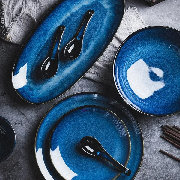 Japanese Blue Kiln Change Ceramic Tableware American Tableware Retro Household Dishes Set Rice Bowl Dishes Restaurant Plate - Image 2