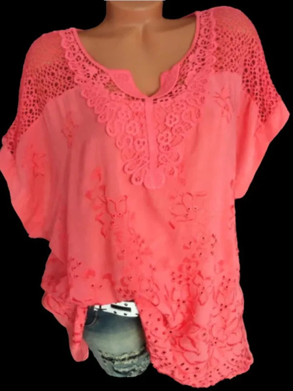 Large Size Loose Short-Sleeved Lace Women Blouses Cotton Blouses 2024 Summer V-neck White Shirt Tops Sexy Fashion Women Shirt - Image 4