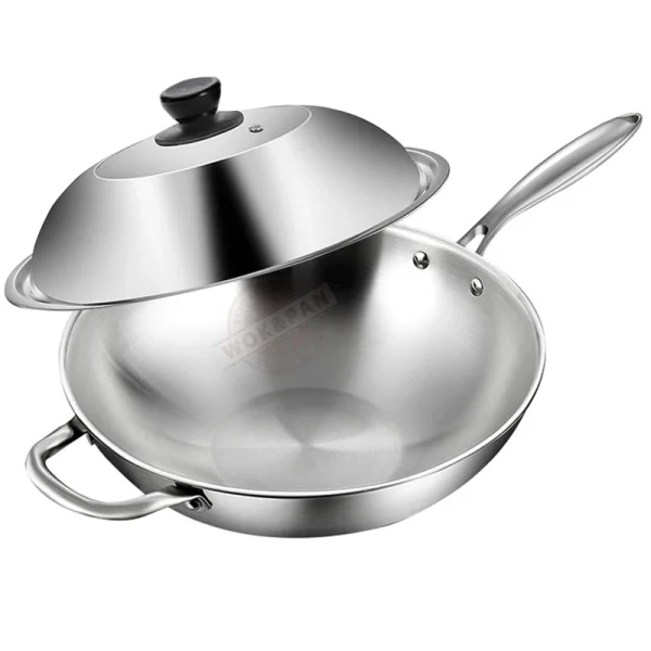 32cm Induction Wok Pan with Lid and Auxiliary Handle Tri-Ply Stainless Steel Wok Kitchen Cooking Pan for Dishwasher & Oven Safe