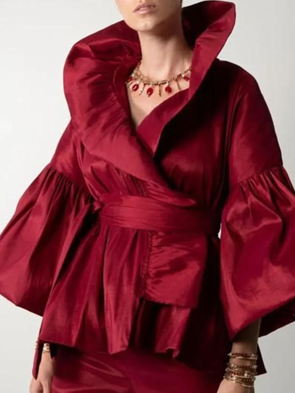 Casual Puff Long Sleeve Ruffles Blouse Office Lady Solid Color Women Wrap Shirts Lapel Collar Elegant Shirt Woman Fashion Female - Image 4