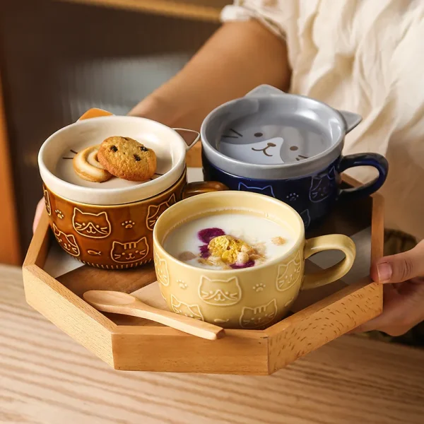 Japanese Cartoon Cat With Cover Coffee Cup Cute Breakfast Cup Creative Coffee Cup Milk Cup Couple Water Cup With Lid - Image 3