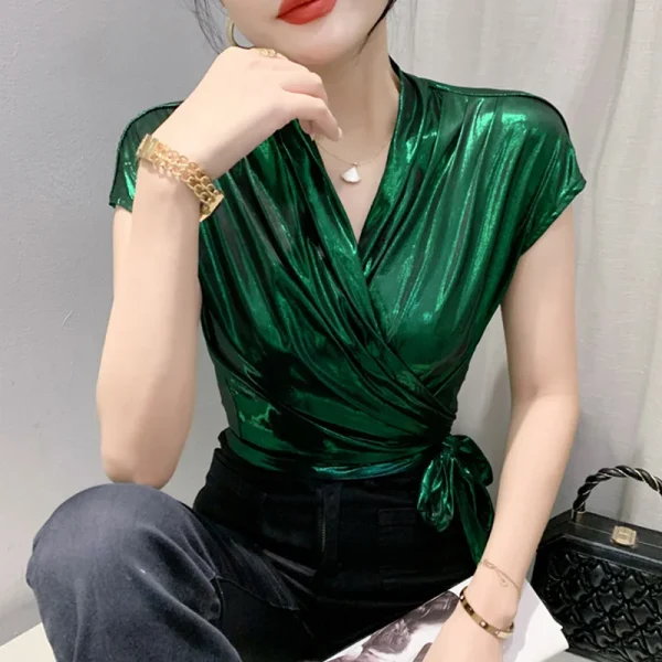 Street wear Gold Silver Green Shinny Short Sleeve Blouse Women Sexy Irregular Short Wrap Shirt Female Bandage Summer Tops - Image 5