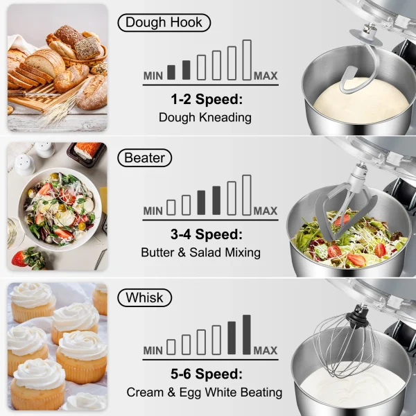 SucceBuy 5.5/7LElectric Stand Mixer with 6Speeds LCD Screen Timing Food Mixer Cream Egg Whisk Whip Dough Kneader With Steel Bowl - Image 3