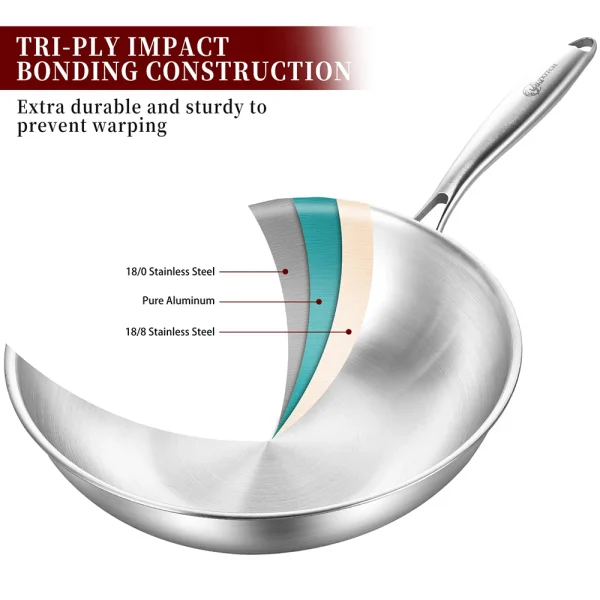 32cm Induction Wok Pan with Lid and Auxiliary Handle Tri-Ply Stainless Steel Wok Kitchen Cooking Pan for Dishwasher & Oven Safe - Image 5