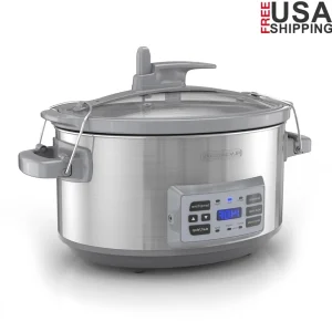 7 Quart Digital Slow Cooker with Temperature Probe Sous Vide Function Locking Lid Removable Stoneware Dishwasher Safe Easy