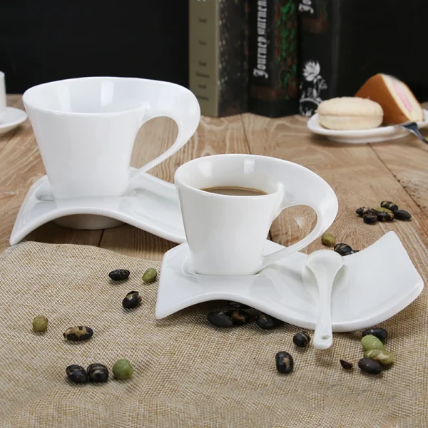 European Wave Porcelain Coffee Cup and Saucer Set White Ceramic Coffee Cup Breakfast Cup with Saucer Modern Home Decoration - Image 4