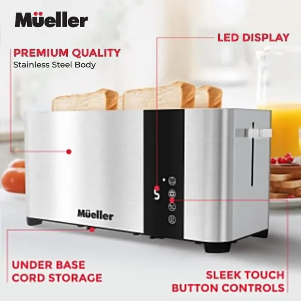 Mueller UltraToast 4-Slice Toaster - Stainless Steel with Extra-Wide Slots, Cancel/Defrost/Reheat Functions, LED Display & Crumb - Image 6