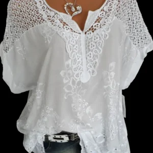 Large Size Loose Short-Sleeved Lace Women Blouses Cotton Blouses 2024 Summer V-neck White Shirt Tops Sexy Fashion Women Shirt