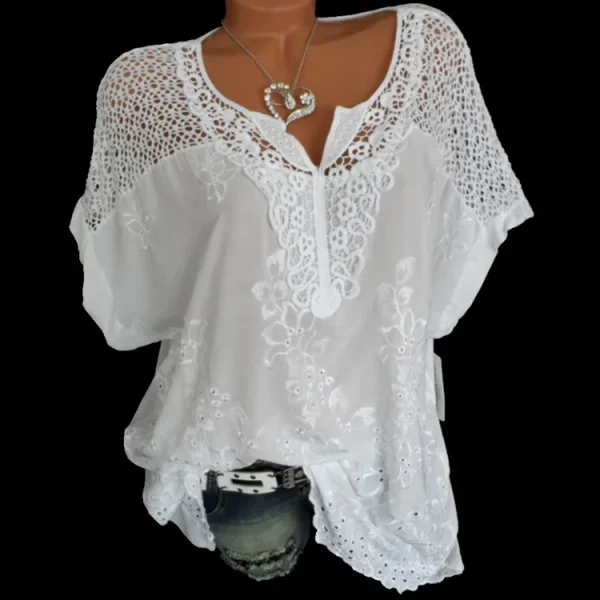 Large Size Loose Short-Sleeved Lace Women Blouses Cotton Blouses 2024 Summer V-neck White Shirt Tops Sexy Fashion Women Shirt - Image 9