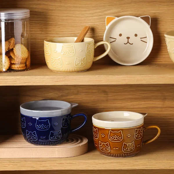 Japanese Cartoon Cat With Cover Coffee Cup Cute Breakfast Cup Creative Coffee Cup Milk Cup Couple Water Cup With Lid - Image 2