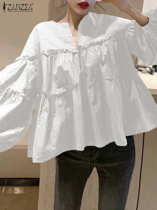 ZANZEA Fashion Women Long Puff Sleeve Blouse Autumn Spring Eelgant Shirt Ruffles Blusas Femininas Mujer Party Work Tops Tunic - Image 8