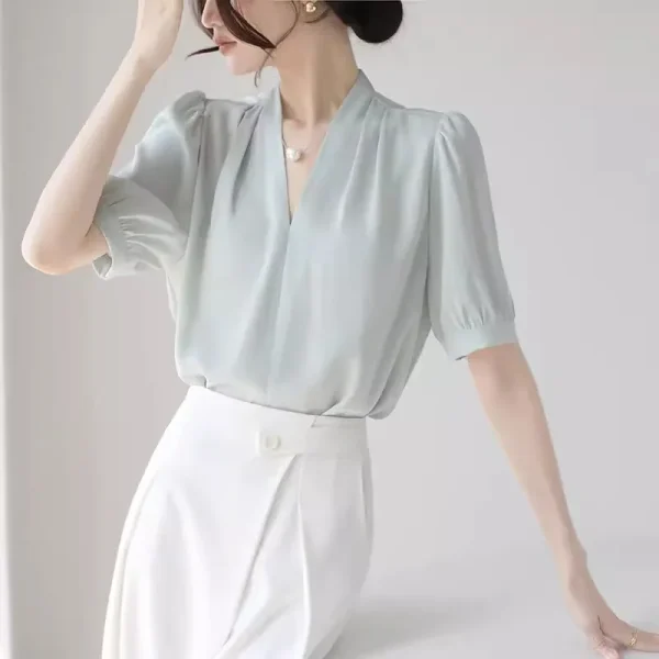 2025 Fashion Summer Short Sleeve V-Neck Women Blouse White Blouse Shirt Women Tops Blouses Shirts Blusas De Mujer Camisas P856 - Image 3
