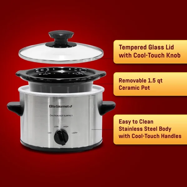 1.5Qt Mini Slow Cooker Stainless Steel Compact Appliance Adjustable Low High Warm Settings Soups Stews Dips Easy Clean - Image 4