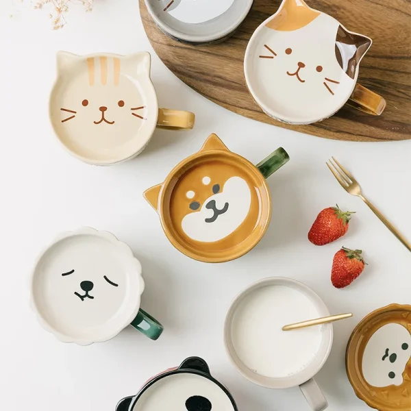 Japanese Cartoon Cat With Cover Coffee Cup Cute Breakfast Cup Creative Coffee Cup Milk Cup Couple Water Cup With Lid - Image 6