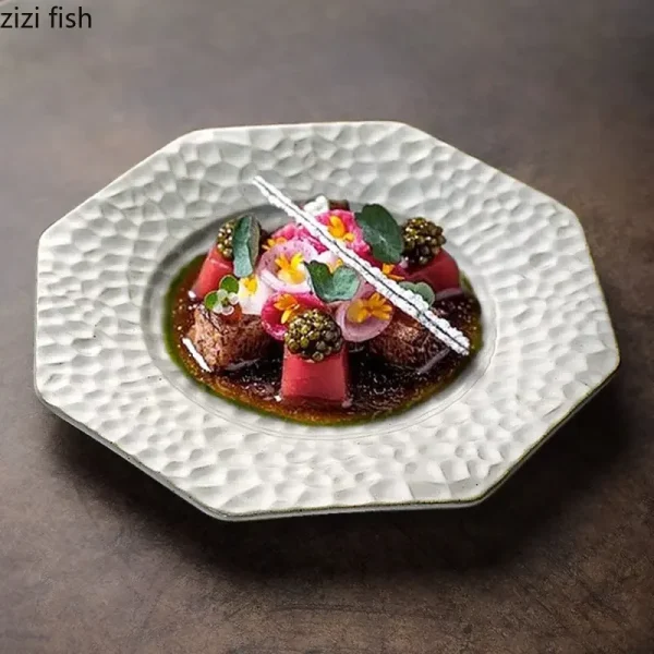 Retro Ceramic Plate Restaurant Hammer Pattern Dessert Plate Sushi Plate Pasta Dish Serving Plates Molecular Cuisine Tableware - Image 2