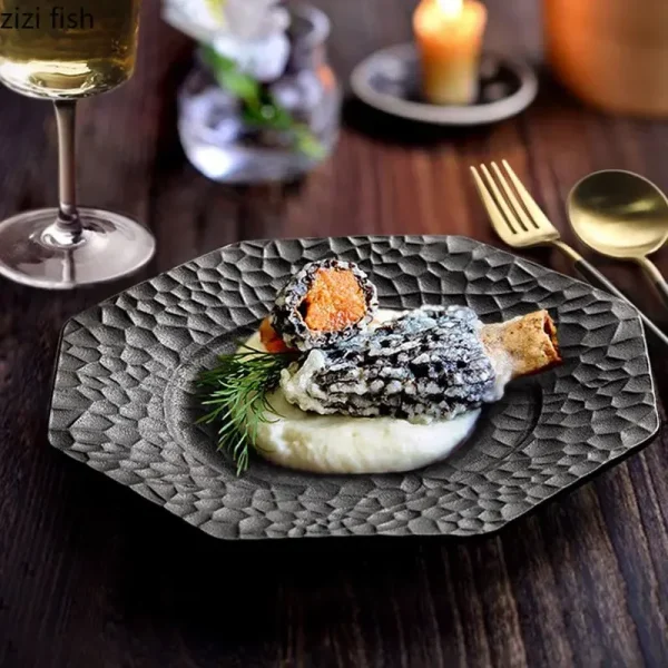 Retro Ceramic Plate Restaurant Hammer Pattern Dessert Plate Sushi Plate Pasta Dish Serving Plates Molecular Cuisine Tableware - Image 3