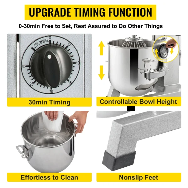 SucceBuy Commercial Electric Food Mixer Stand Mixer 10/15/20/30Qt Dough Mixer 3 Speeds 450/500/750/1100W Stainless Steel Mixer - Image 5